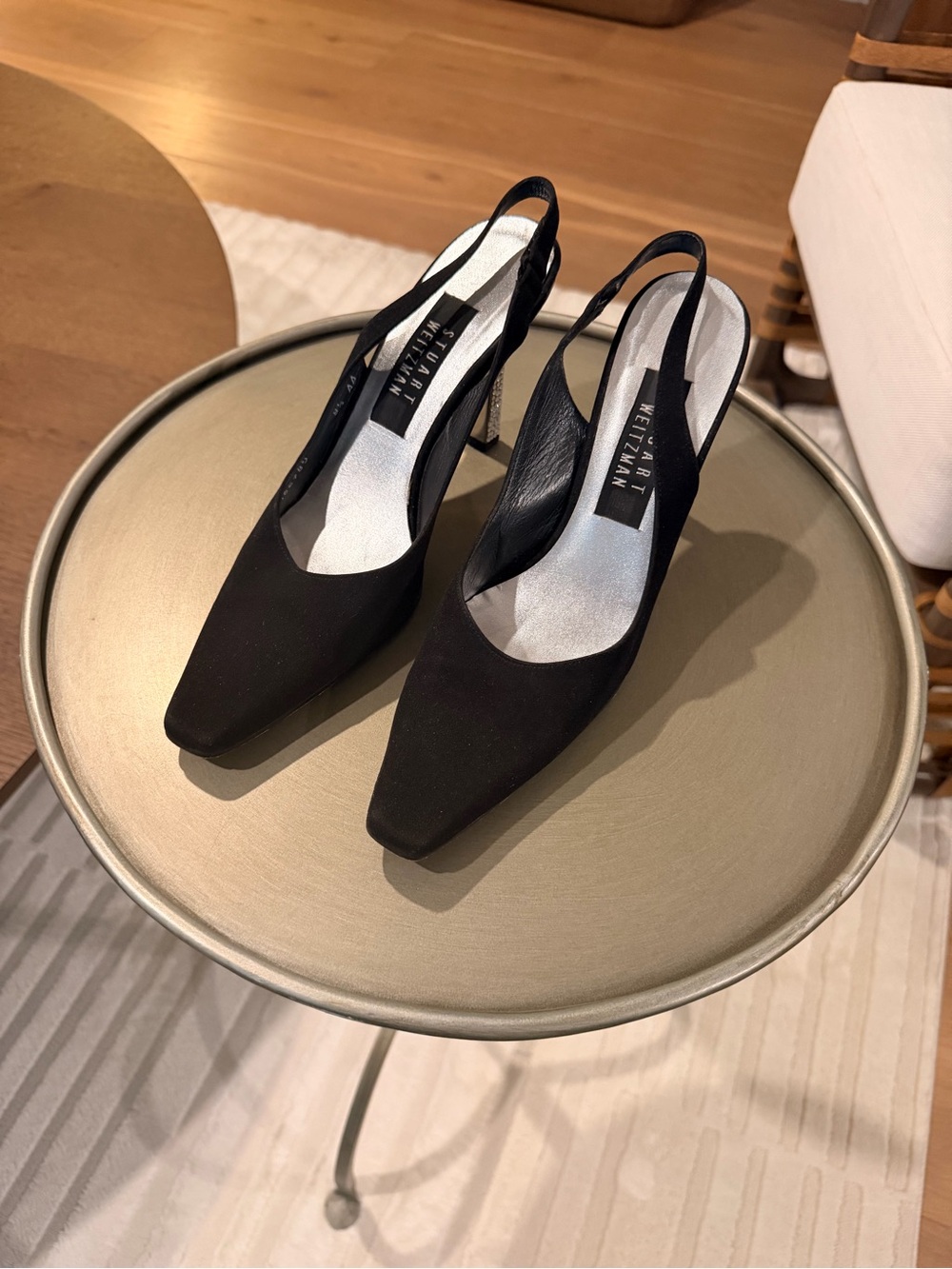 Stuart Weitzman Black Satin Slingback Heels with Crystal-Studded Heel